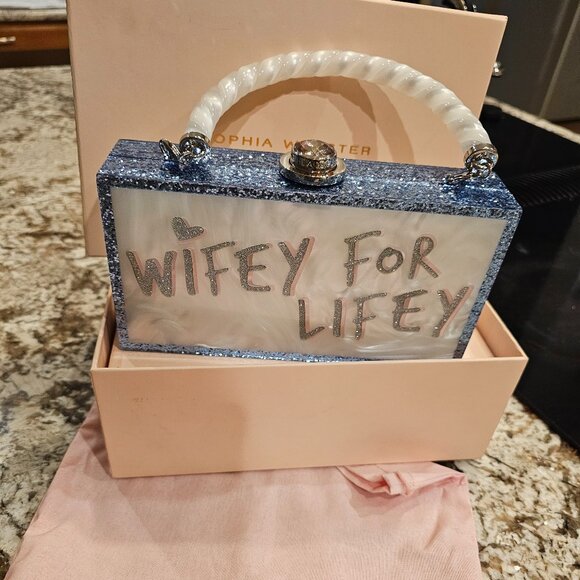 Sophia Webster RARE Cleo Pearl Blue “Wifey For Lifey” Acrylic Clutch Bag - Picture 1 of 4